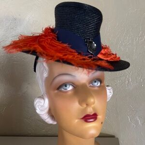 GLORIOUS 1940's BLACK STRAW TILT HAT + ORANGE FEATHERS & BROOCH